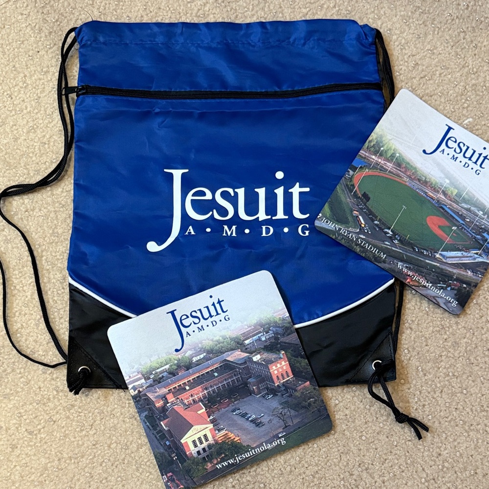 Jesuit Blue and Black Drawstring Backpack and 2 Mousepads